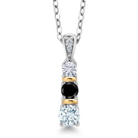 Gem Stone King 925 Silver and 10K Yellow Gold Round Sky Blue Aquamarine Black Diamond and White Moissanite Pendant Necklace For Women (0.52 Cttw, Gemstone March Birthstone, with 18 Inch Chain)