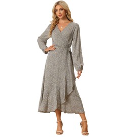 Allegra K Women's Long Sleeve Midi Dress Tie Waist Vintage Floral Print Wrap Boho Flowy Long Dresses Large Khaki