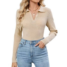 ZAFUL Womens Long Sleeve V Neck Sweaters Collared Ribbed Knit Tops Pullover Polo Sweater Shirts 2025 Fall Trendy Outfits, Apricot, Large