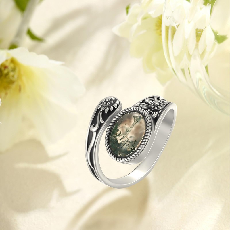 Sunflower Spoon Ring 925 Sterling Silver Sunflower Moss Agate Adjustable