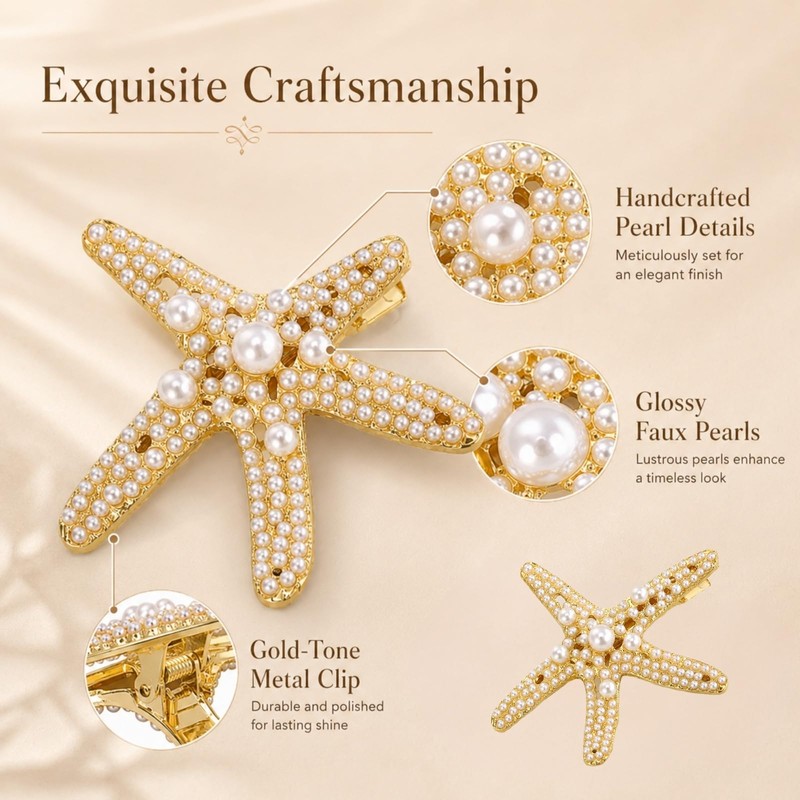 2 Pcs Starfish Pearl Hair Clip Summer Beach Gold Hair