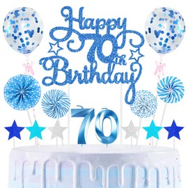 70th Geburtstag Kuchen Dekoration Kuchen Toppers Zahl Kerzen Birthday Torten Dekoration Sternen Papierfächer Ballon Torte Toppers Kuchendeko für 70. Geburtstag Dekorationen Party Zubehör, Blau