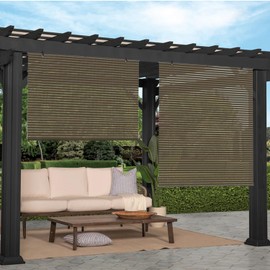 Goleray Outdoor Roller Shade 4'W×12'H Patio Shades Roll Up Outdoor Patio Blinds Exterior Roller Shades Porch Screen for Outside Deck Pergola Balcony, Brown Striped Hollow out