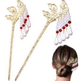 HINZIC 2PCS Rhinestone Pearl Flower Hair Stick Chinese Hair Chopsticks Vintage Tassel Hair Pin Chignon Pin Chopsticks Hair Styling for Long Thick Hair (Gold)
