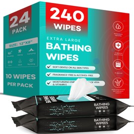 Body Wipes 240P (10 Wipe, 24 Packs) Extra Large 12”x8” Body Wipes for Adults Bathing No Rinse,Traveling,Hiking,Camping,Gym,Elderly Care Shower Wipe