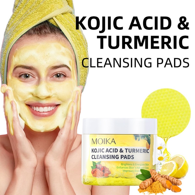 50Pcs Turmeric Kojic Acid Pads, Exfoliating Face Cleansing Cotton Pads,