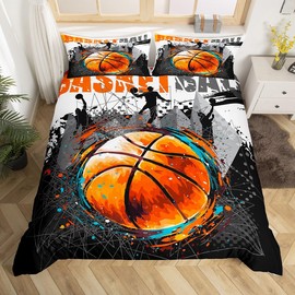 Sports Basketball Bedding Set Twin Size for Kids Boys Bedroom,3D Basketball Bed Duvet Cover Set,Sport Games Comforter Cover Hippie Graffiti Decor 2 Pieces 1 Duvet Cover with 1 Pillowcase No Comforter