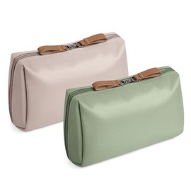 2Pcs Cosmetiquera para Maquillaje,16×10cm Bolsa de Cosméticos de Viaje, Bolsa de Cosméticos Impermeable con Compartimentos, Doble Cremallera, Mini Bolso Portátil (Verde + Caqui)