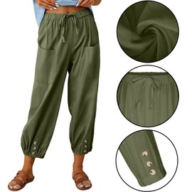 Women's High Waist Pants Drawstring Capri Pants with Pockets Wide Leg Cropped Pants for Women Green Large