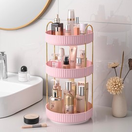 Aveniee 360 Rotating Makeup Organizer for Vanity, Skincare Make Up Organizers Large, Spinning Bathroom Counter Organizer Shelf Holder for Cosmetics, Skin Care, Lipsticks(3 Tiers, Pink)