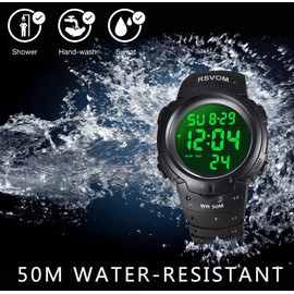 RSVOM Herren Digital Quarz Uhren mit Schwarz Silikon Armband 50M Wasserdicht Big Face Sport Armbanduhr mit Wecker Stoppuhr mit LED-Hintergrundbeleuchtung Digitaluhren für Männer