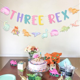 Fangleland Dinosaur 3rd Birthday Banner Garland Decorations for 3 Year Old Girl, Three Rex Dinosaur Theme Birthday Banner Pastel Macaroon Bday Party Supplies Decors