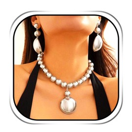 Zehope Beaded Chunky Choker Jewelry Set Silver Statement Pendant Necklace Earrings Sets for Women