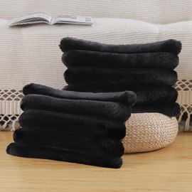 Madizz Plush Faux Fur Throw Pillow Covers 12x20 inch, 30x50 cm Black Set of 2 Fluffy Striped Soft Decorative Cushion Cover for Sofa Bedroom Pillow Shell