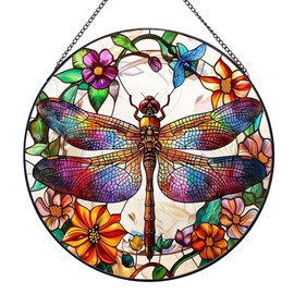 BDHRKTE 7.87" Stained Glass Window Hanging,Dragonfly Christmas Ornaments,Colored Dragonfly Suncatchers,Window Art (Style B)