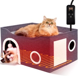 Indoor Heated Cat House, Adjustable Temperature Cat Heating Bed with Timer and Chew Resistant Cord, Large Cat House with Heating Pad for Small Medium and Large Cats