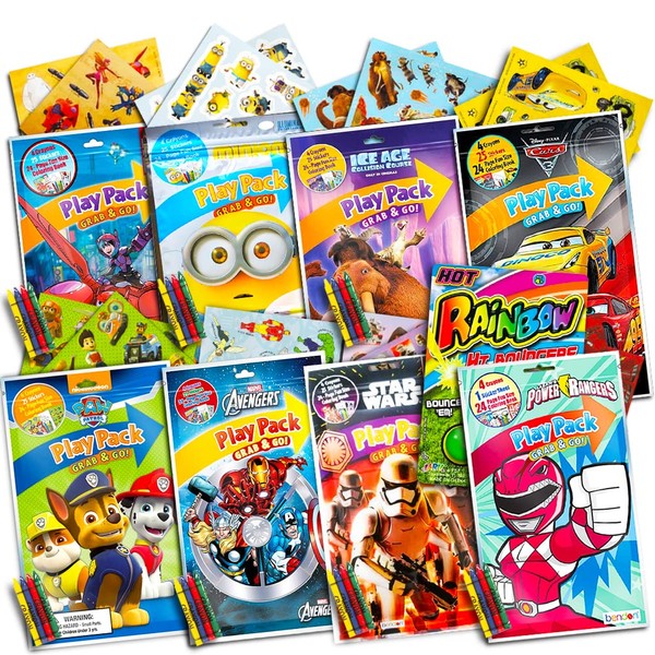 Ultimate Boys Party Favors Play Packs - 8 Sets with Stickers, Coloring Books, Crayons, Licensed Crenstone Reward Stickers, and Bonus Toys (Boys Party Supplies)