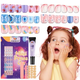 130PCS Press on Nails for Kids, TOROKOM Cute Kids Fake Nails Heart Flower Short Square False Nail Gift for Girls Children 8-12 Age with Nail Adhesive Tab & Quick-dry Nail Glue (5 Pack)