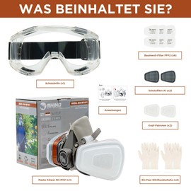 RHINO Smart Solutions RHINO Smart Solutions Atemschutzmaske Gase D?mpfe | Gasmaske mit A1P2 Filter fr Lackier, Feinstaub, Arbeitein, Schleifen | Staubmasken, Handschuhe, Schutzbrille, Patronen und Staubfilter