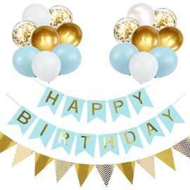 Happy Birthday bunting Banner balloons, Macaron blue Birthday Decoration 16pcs Happy Birthday Balloons, Ribbons and Birthday Banners, Happy Birthday Decorations（blue+SJQ）