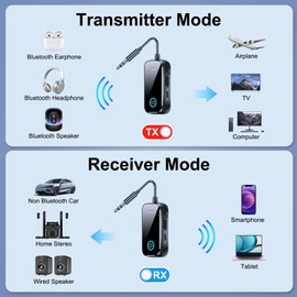 2-in-1 Bluetooth 5.4 Transmitter Receiver/Mini Portable Wireless Audio Adapter for TV/Airplane/Gym to Wireless Headphoness Low Latency Built in Mic 3.5mm AUX Jack Adapter for Car/Home Speaker