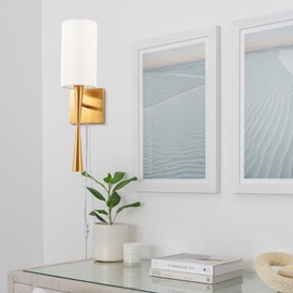 MhyTogn Modern Plug in Wall Sconce Set of 2, with Creamy-White Fabric and Antique Brass Brush Paint Finish Shade and On-Off Switch Cord for Vanity Stairway Fireplace Kitchen Living Room Bedside