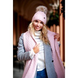 ELIMELI 16517 Women's Winter Hat Warm Knitted Hat with Bobble Slouch Knitted Beanie Women's for Winter Bobble Hat Made in EU Choice of Colours, Pink Hat with Scarf