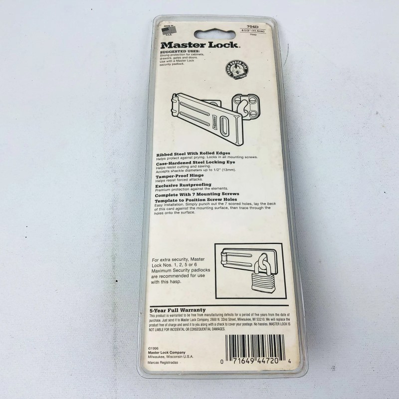 Master Lock Security Hasp 704D 4-1/2" Protect Cabinets Drawers Gates