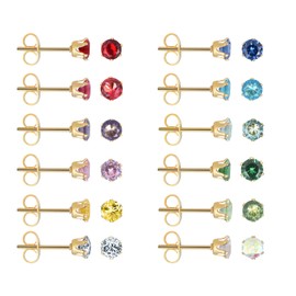 12 Pairs 18K Yellow Gold Plated Surgical Stainless Steel Stud Earring, CZ Stud Earrings for Women, Cubic Zirconia Birthstone Stud Earrings Set 4mm (Prong 4mm)