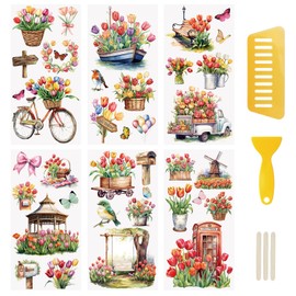 WANDIC 6 Pcs Tulips Rub On Transfer Sticker,Spring Scenery Stickers Flower Decals for Present Packaging DIY Scrapbooking Photo Albums Furniture,15 * 30cm