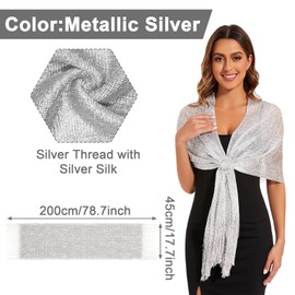 MADGININE 1 Pcs Sparkling Metallic Shawls and Wraps,Silver Shawl,Silver Shawl for Wedding Guest,Women’S Shimmer Shawl,Evening Wraps and Shawls,for Evening Party Dresses Wedding Party(silver)