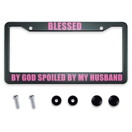 Smooffly Blessed by God Spoiled by My Husband License Plate Frame Holder Stainless Steel Rust-Proof Auto Parts Decoration with Screws for Men Women License Plate Cover 2 Holes 12.2 x 6.3 Inch