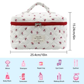 Cute Pink Cherry Quilted Makeup Bag, Large Capacity Travel Cosmetic Bag for Women and Girls, Aesthetic Storage for Daily and Travel Use,or for travel toiletry bag