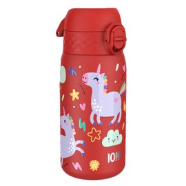 Ion8 Lightweight Steel Kids Water Bottle, 400ml/13oz, Non-Insulated, Leak Proof, Easy to Open, Secure Lock, Dishwasher Safe, Fits Cup Holders, Carry Handle, Metal Water Bottle, Red, Unicorns