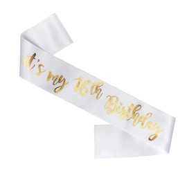 Happium Geburtstagsschärpe, It's My 16th Birthday, Satinschärpe für Geburtstagsschärpe, Happy Birthday-Dekoration, Partyschärpe, Satingold auf Weiß