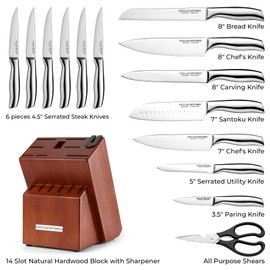 Zulay Premium Quality 15-Piece Knife Set with Natural Wood Block, Ultra Sharp, One-Piece Design Stainless Steel Knives Engineered for Precision Cutting, Durable and Rust-Proof, with Built-in Sharpener