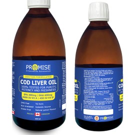 Promise Cod Liver Oil, 100% Tested for Purity, Potency and Freshness, EPA 360mg | DHA 400mg 4500 IU Vit A | 450 IU Vit D3, Made in Canada (500ml)