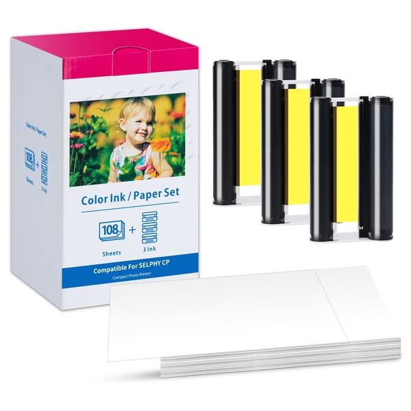 KP-108IN CP1300 Ink and Paper Compatible for Canon Selphy CP1300 CP1500 CP1200 CP1000 CP910 CP900 CP810 CP760 CP770 CP780, KP108 3 Color Ink Cartridges and 108 Sheets Glossy 4x6 Photo Paper