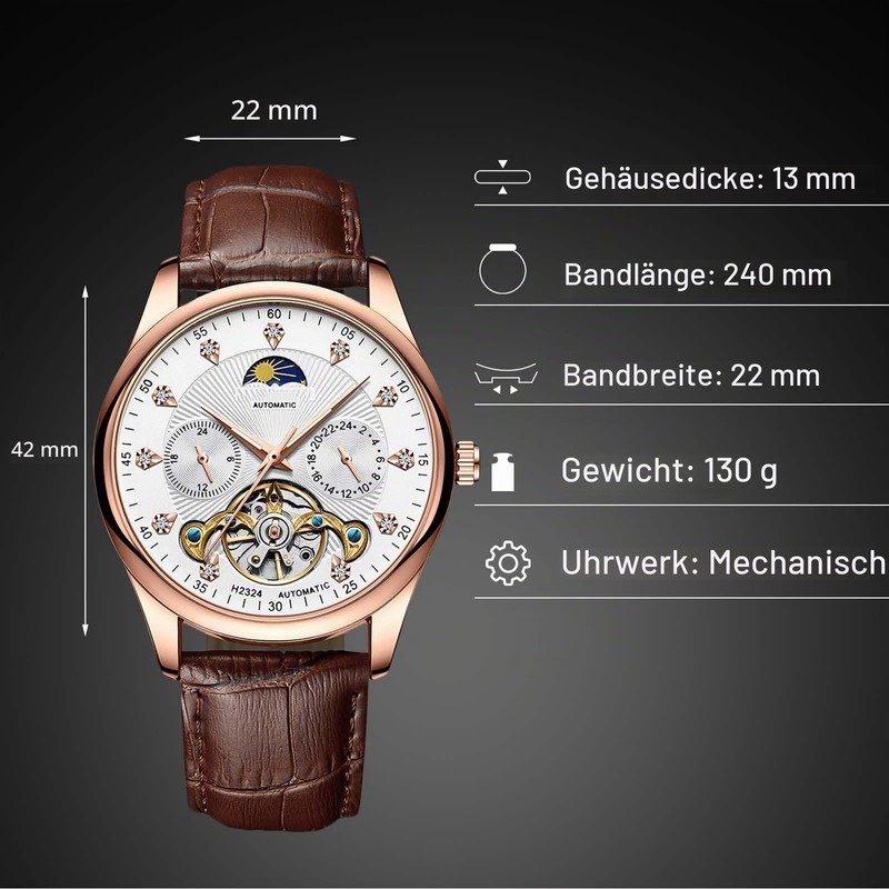 RORIOS Men's Automatic Tourbillon Watch Diamond Skeleton Watch Waterproof Mechanical