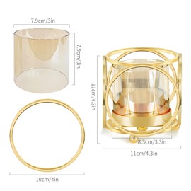YIUTOYILY Gold Hurricane Candle Holder with Metal Frame & Windproof Glass Lid, Geometric Cutouts for Weddings, Parties, Home Decor