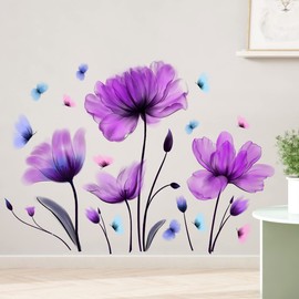 RW-1500 Creative Purple Tulip Wall Decals Giant Tulips Butterfly Wall Stickers DIY Removable Watercolor Floral Plants Wall Art Decor for Women Girls Bedroom Living Room Nursery Office Decoration