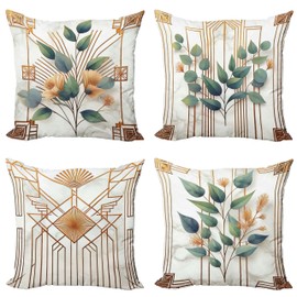 Ambesonne Eucalyptus Throw Pillow Cushion Cover Set of 4, Botanical Leaves and Flowers with Antique Abstract Geometric Motif, Decorative Accent Double-Sided Printing, 24", Cinnamon Blue Grey Green