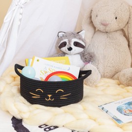 Small Woven Rope Storage Basket, Cute Cat Toy Basket for Living Room, Baby Basket for Nursery, Gift Basket Empty for Baby Shower, Dog Toy Basket, Basket for Shelves, Black, 25 x 10 cm