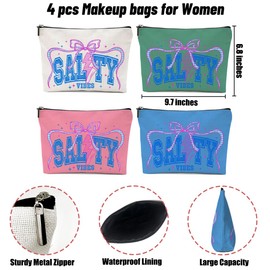 4 Pack Funny Salty Cute Bow Beach Coastal Makeup Bag, Travel Essentials Cosmetic Bags for Women, Sister Bachelorette Party Travel Toiletry Bag Christmas Birthday Summer Vacation Weekend Graduation