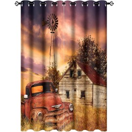 Kazynee Rustic Farm Old Truck Room Darkening Blackout Window Curtains with Grommets,Western Country Farmhouse Sunset Nature Scenery Energy Efficient Window Treatment 2 Panels 63L x 21W