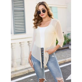 Sopesil Women's Shrug Bolero 3/4 Sleeve Cardigans Short for Women Lightweight Tie Tops Suave Ladies Cropped Versatile Casual Elegant, Beige, M