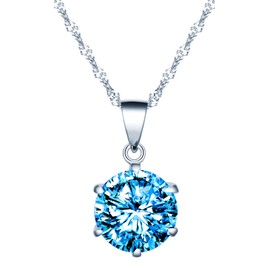 INFINIONLY Women's girl's Diamond Necklace Pendant, 925 sterling silver necklace, Six-claw zircon pendant, Elegant solitaire pendant, Perfect cutting process, Ocean blue