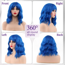 HWHRGL Blue Wigs with Bangs for Women 14inch loose wavy bob Wig With Bangs Curly Wavy Shoulder Length Bob Synthetic Wigs Colorful Wavy Wigs for Cosplay Daily PartyUse (Blue, 14 Inch)