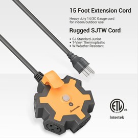 DEWENWILS Industrial Power Strip with 5-Outlet Power Hub, 15FT Heavy Duty Extension Cord for Garage, Workshop, 14/3 AWG SJTW, 15A Circuit Breaker, Swivel Safety Covers, ETL Listed
