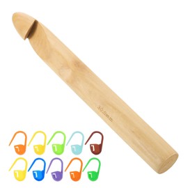 uxcell Wood Huge Crochet Hook 30mm US Size T/X Big Wooden Bamboo Crochet Needles with 10 Pcs Knitting Stitch Markers for Crocheting Giant Chunky Yarn